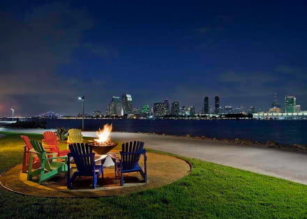 Exterior fire pit area with skyline and bay view
