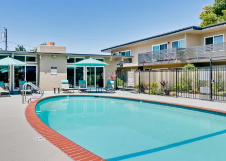 Pool area and exterior facade of Junction Flats