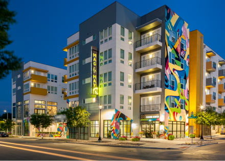 Exterior building facade at night