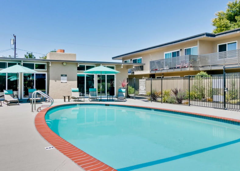 Pool area and exterior facade of Junction Flats