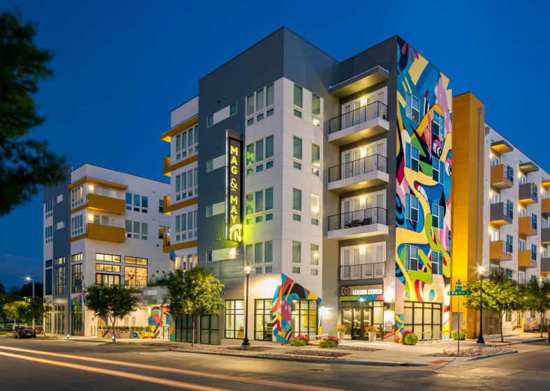 Exterior building facade at night