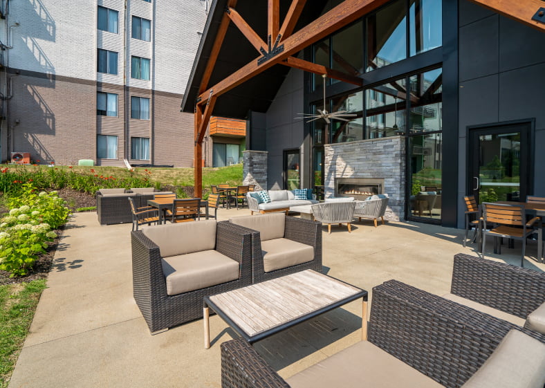 Clubhouse exterior with outdoor fireplace