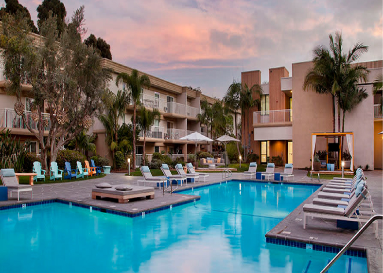 Pool area and exterior facade of Coronado Apartments