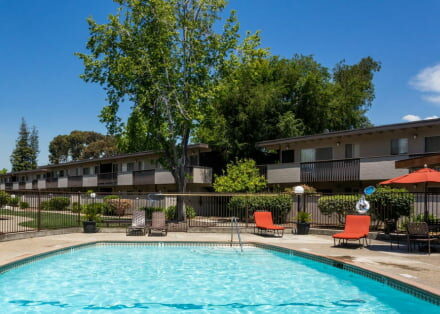 Jackson Flats Apartments swimming pool with surrounding apartment balconies overlooking pool