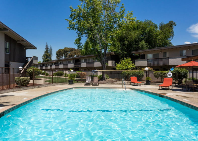 Jackson Flats Apartments swimming pool with surrounding apartment balconies overlooking pool