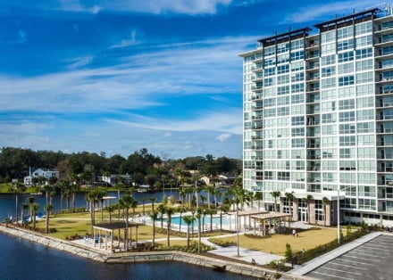 Apartment building exterior facade with water views