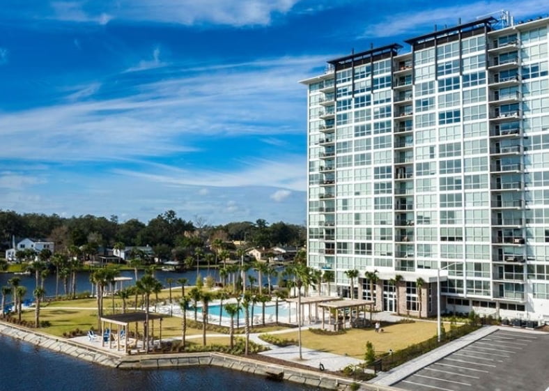 Apartment building exterior facade with water views